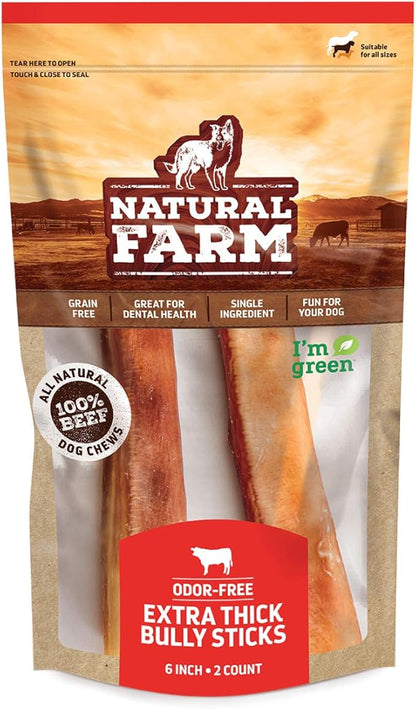 Natural Farm Odor-Free Jumbo Bully Sticks, (6 Inch, 2 Pack), Extra-Thick Chews for Dogs, Fully Digestible 100% Beef Treats, Great for Dental Health, Keep Your Dog Busy with 50% Longer Lasting Chews