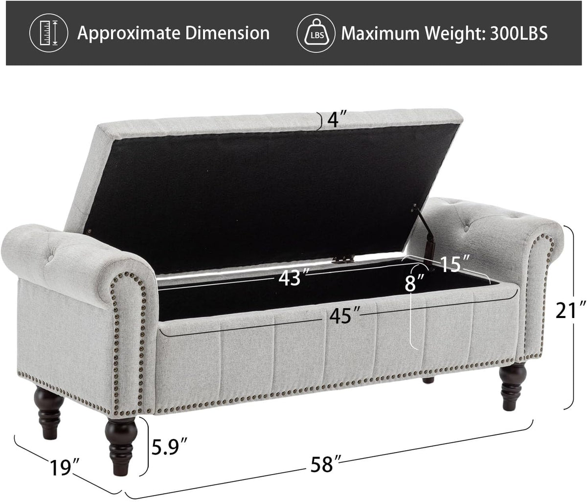 58’’ Storage Bench for Bedroom, Upholstered Button-Tufted Ottoman with Solid Wood Legs, Queen Size End of Bed Shoe Cabinet, Window Seat Foot Rest Stool for Entryway, Living Room (Silver)