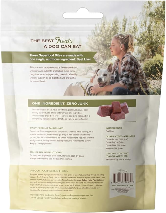 BADLANDS RANCH - Superfood Bite, Freeze-Dried Raw Dog Treats - Protein Rich, Train & Reward, Traceable Single Ingredient by Katherine Heigl (4 Ounce (Pack of 4) Beef Liver)