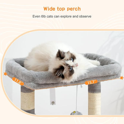 Heybly Cat Tree, Kitten Tower with Large Soft Cat Basket, Cat Condo with Spacious Cat Bed Cave with Hidden Space, Sisal-Covered Scratching Posts, Dangling Ball for Indoor Cats, Light Gray HCT008SW
