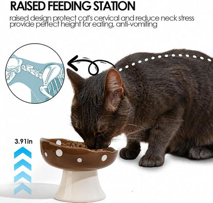 Brown Mushroom Cat Bowl, Elevated Ceramic Bowl for Cats | Cute, Elevated, Ceramic, Whisker Friendly, Dishwasher Safe