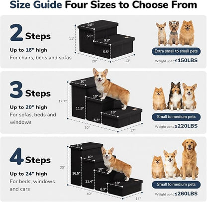 4-Step Wide Dog Stairs 23" H with Removable Cover, Non-Slip Storage Pet Steps for High Bed Couch, Pet Stairs for Small/Medium/Large Old Dogs Puppy Up to 220lbs, Cat Dog Steps for Car, Black