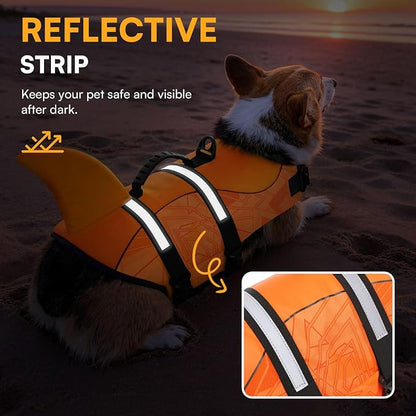 Dog Life Jacket High Flotation, Reflective Dog Life Vest for Swimming, Adjustable Dogs Life Preserver Rescue Handle Spring Summer Pool for Small, Medium, Large Dogs (OrangeLines,M)