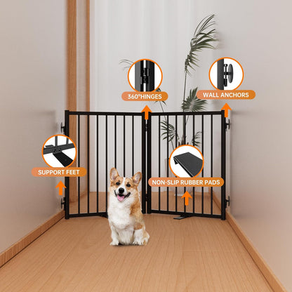Full Metal Freestanding Dog Gate with Door, 24'' Height Foldable Pet Dog Fence for Indoor & Outdoor, 2 Panels Extra Wide Free Standing SmallDog Gates for Doorways,House,Stairs,Porch,Deck,Yard