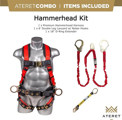 Fall Protection Hammerhead Kit I 5pt Safety Harness, 6' Double Leg Lanyard, 18" D-Ring Extender (Red - 2XLG)