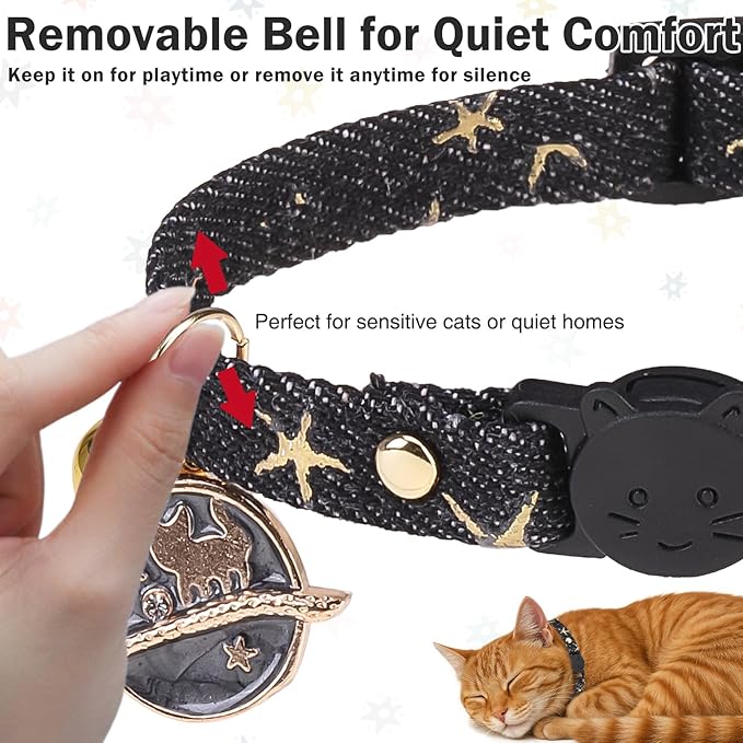 3 Pack Breakaway Cat Collars with Bell- Moon and Stars Pendant Cat Collar for Girl Boy Cats with Safety Buckle- Cute Kitten Collar Adjustable 8"-12" for Kitty Puppy Small Pets