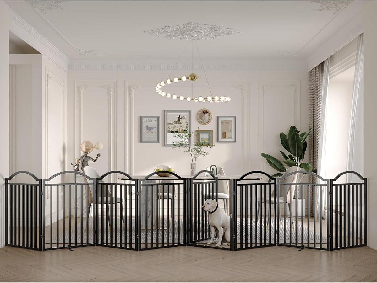 BHG Metal No-Assembly Freestanding Dog Gate with Door Walk Through, Extra Wide 96", Extra Tall 32" Pet Gate, Accordion Puppy Folding Playpen Dog Fence, with 2PCS Support (Black, 8 Panels)