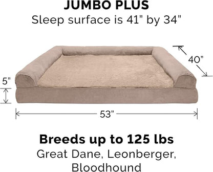 Furhaven Orthopedic Dog Bed for Large Dogs w/ Removable Bolsters & Washable Cover, For Dogs Up to 125 lbs - Plush & Suede Sofa - Almondine, Jumbo Plus/XXL