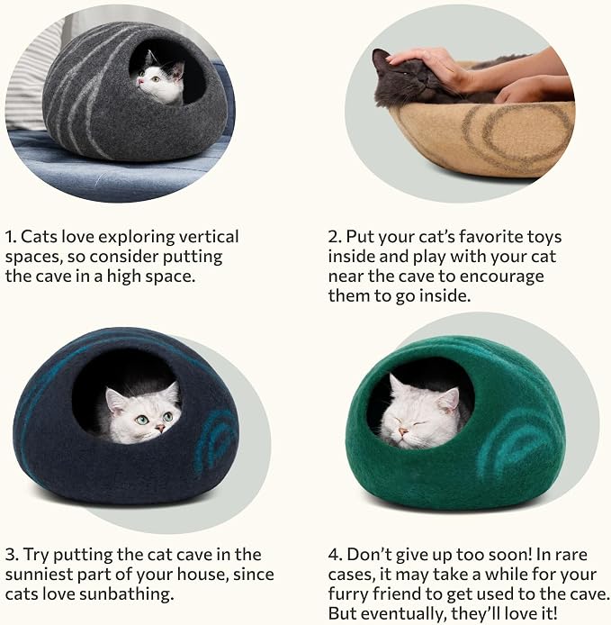 Cat Cave – Premium Felt Cat Bed for Indoor Cats, Handmade 100% Merino Wool (Light Grey, Medium) (Pack of 2)