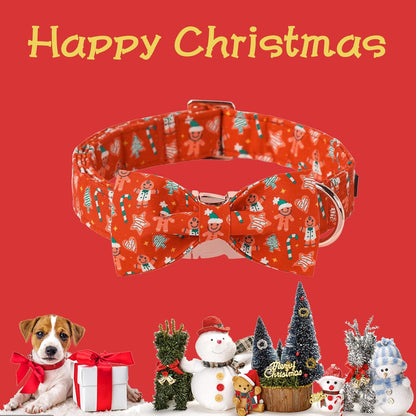 Unique Style Paws Christmas Day Dog Collar with Bow Red Gingerbred Cotton Puppy Collars for Small Medium Large Dogs