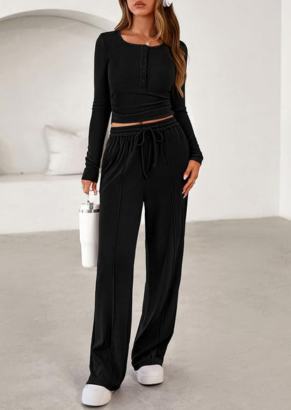 PRETTYGARDEN Women's 2026 Fall Trendy 2 Piece Outfits Lounge Sets Long Sleeve Top Henley Shirts Wide Leg Pants Travel Clothes