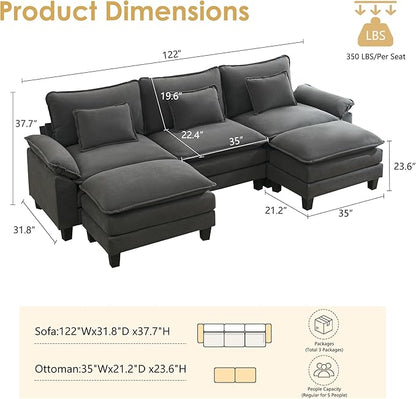 URRED Cloud Couch Modular Sectional Sofa, 122" Modern U Shaped Deep Seat Sofa with 2 Ottomans & Pillows, Ultra Comfy Velvet Couches for Living Room, Bedroom or Apartment, Dark Gray