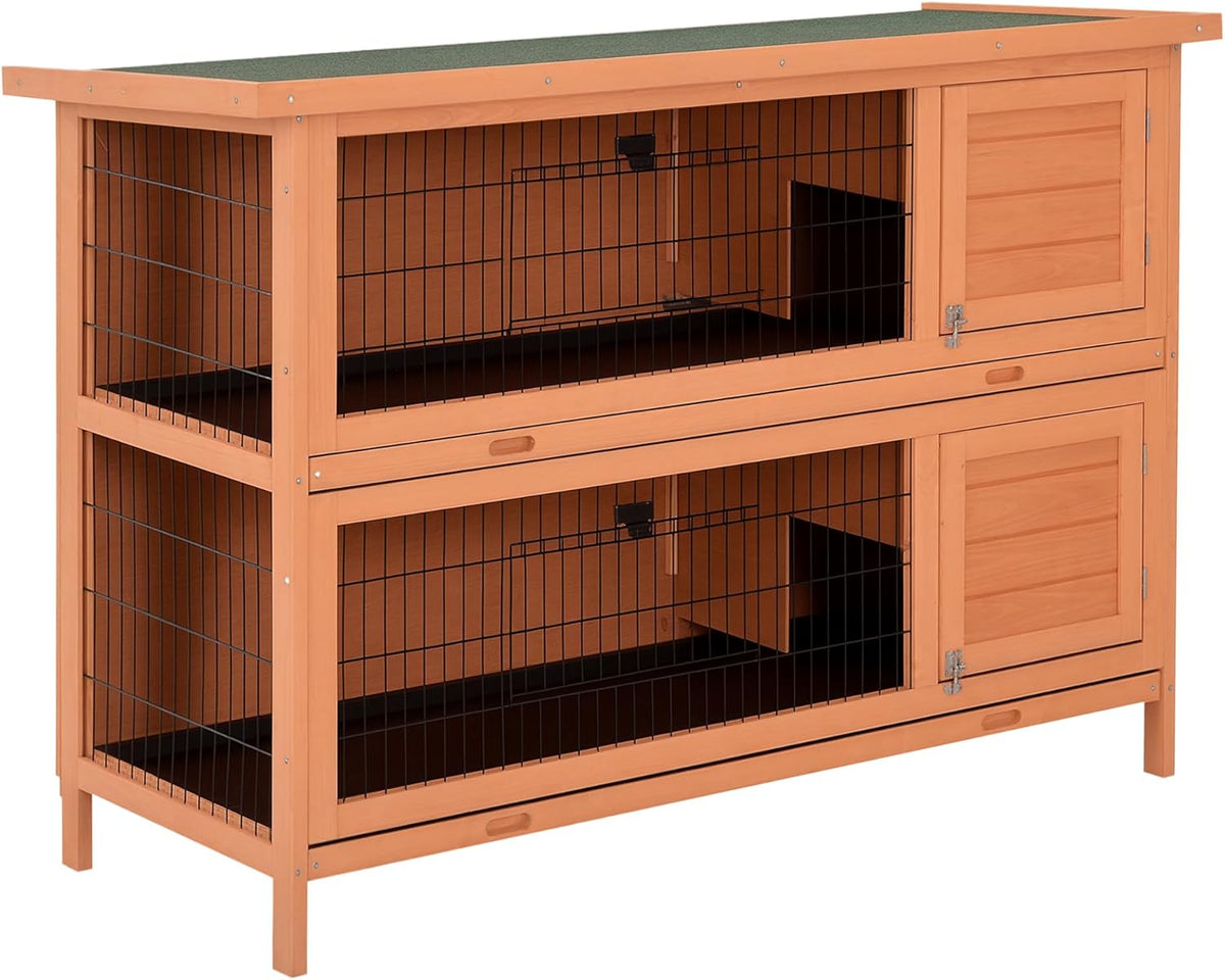 PawHut 54" 2-Story Large Rabbit Hutch Bunny Cage Wooden Pet House Small Animal Habitat with Lockable Doors, No Leak Tray and waterproof Roof for Outdoor/Indoor Orange