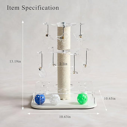 Modern 3-in-1 Interactive Cat Toy with Scratching Post, Cat Puzzle Toys for Indoor Cats with Colorful Jingle Balls, 2-Layer Spinning Teaser Disc with Dangling Toys, Acrylic, White