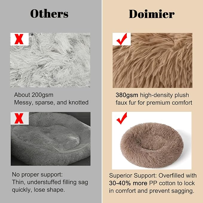 Calming Donut Dog Beds for Small Dogs Cats - Washable Removable Cover Non-Slip Bottom, Round Pet Bed Puppy Bed Warming Fluffy Faux Fur Anti-Anxiety, Fits up to 25 lbs (Camel, 23")