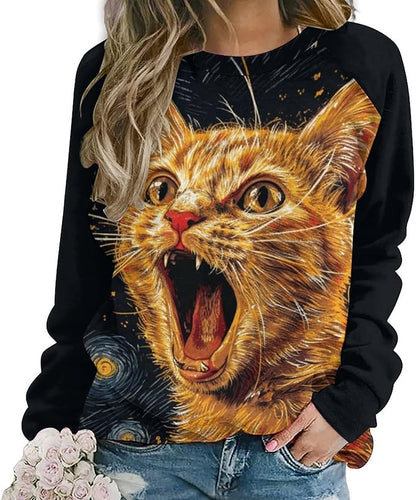 Long Sleeve Shirts for Women Cat Oil Painting Shirt 3D Graphic Sweatshirts Fall Pullover Crewneck Vintage Boho Tops