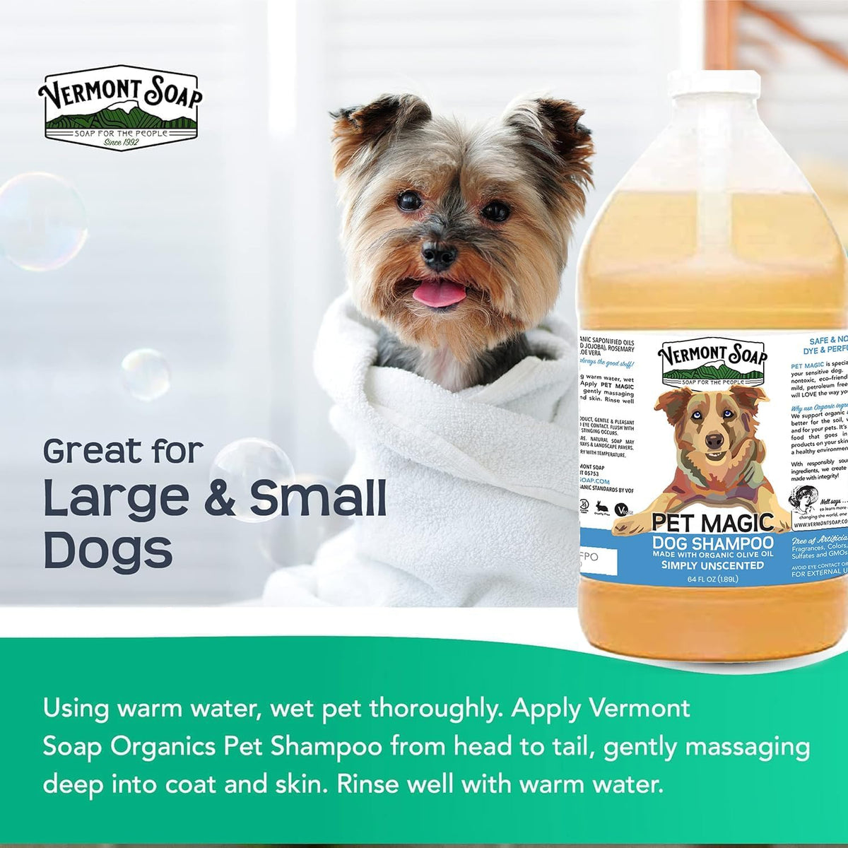 VERMONT SOAP Organics Pet Shampoo - Infused with Organic & Natural Olive Oil, Coconut & Aloe Vera Dog Shampoo for Sensitive Skin - USDA Certified Grooming, Unscented (64oz)