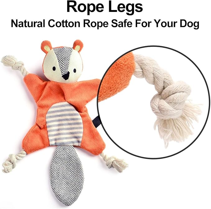 Vitscan Squirrel Plush Toy, Stuffless Dog Chew Toy with Rope Knots, Crinkle Squeaky Toy for Small Dogs