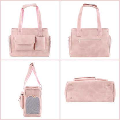 Dog Carrier Purse, Fashion Leather Pet Carrier Bag, Airline Approved Soft Sided Cat Travel Tote Bag with Pockets Pink