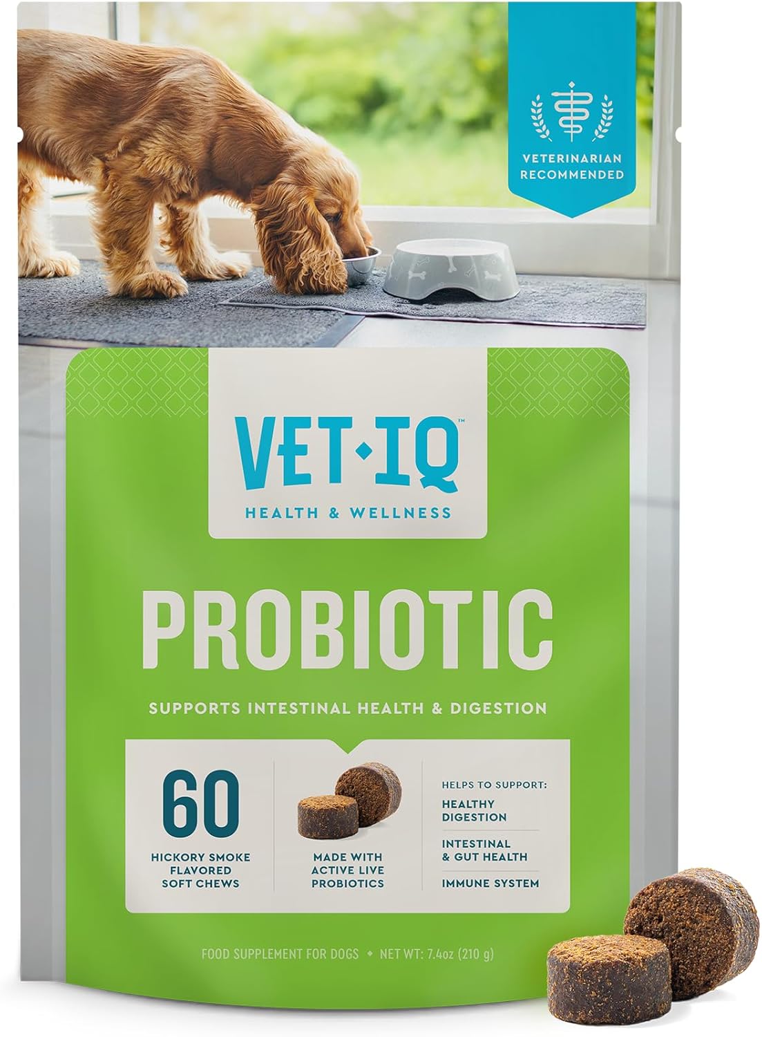 VetIQ Probiotic Supplement for Dogs, Digestive Support for Dogs, Nourishes Gut Bacteria and Supports Bowel Function, Hickory Smoke Flavor, Made in The USA, 60 Count