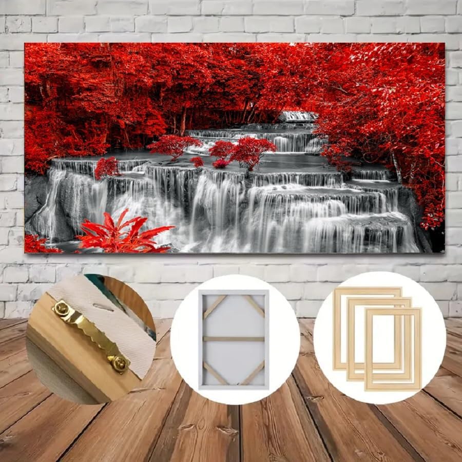 Yxbhhym Black White and Red Waterfall Canvas Wall Art- Red Tree Prints Landscape Posters Framed Picture - Nature Forest Scenery Paintings for Living Room Bedroom Home Office Wall Decor- Large