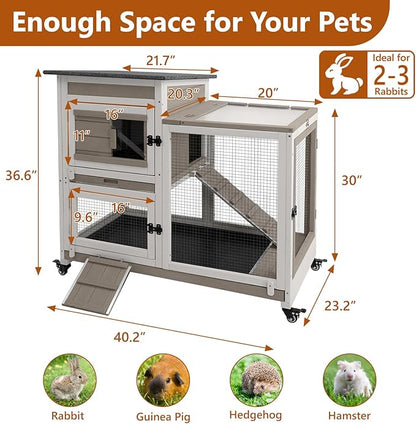 2 Story Rabbit Hutch Indoor with 2 Deeper Pull-Out Trays, Wooden Guinea Pig Cages with 4 Lockable Wheels, Ramp, Chew-Anti Metal Strip for Rabbit, Guinea Pig, Hamster(40.2" L X 23.2" W X 36.6" H)