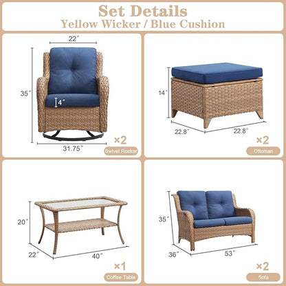 Belord Wicker Outdoor Furniture Patio Furniture Set - 6 Piece Patio Conversation Set with Swivel Rocker Chairs, Loveseat Sofa, Ottomans and Coffee Table, Blue Cushion