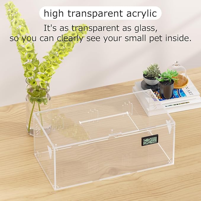 Acrylic Tarantula Enclosure, Reptile Terrarium Breeding Tank w/Temperature Hygrometer,Habitat Reptiles Feeding Box Isopod Terrarium Cage for Insect Lizard Home Office (Reptile-Tank-L(No Tray))
