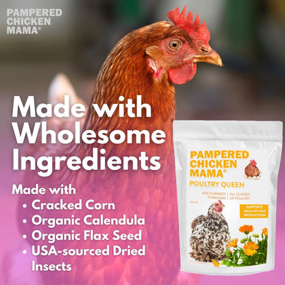 Pampered Chicken Mama Non-GMO Mealworm, Corn, Flax, & Herb Treat (10 Pounds) for Backyard Chickens, Healthy Layer Feed & Supplies for Pet Chickens Poultry Queen Treat for Hens