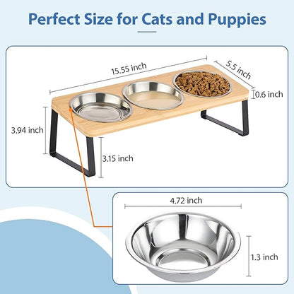Elevated Cat Bowls, 15° Tilted Raised Cat Food and Water Bowl, Anti-Vomit & Whisker-Friendly Design, 3 Stainless Steel Bowls for Cats and Small Dogs