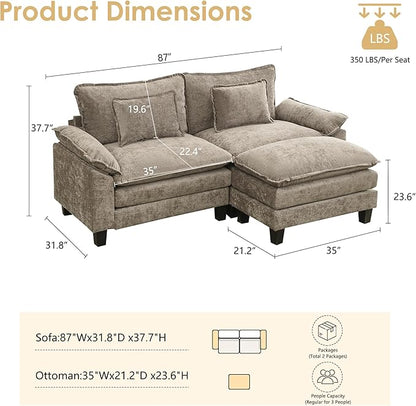 URRED Cloud Couch Modular Sectional Sofa, 87" Modern L Shaped Deep Seat Sofa with Ottoman & Pillows, Ultra Comfy Chenille Couches for Living Room, Bedroom or Apartment, Khaki