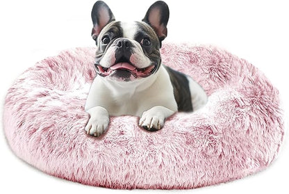 JOLLYVOGUE Calming Dog Bed Medium Size Dog, 31in Donut Washable Medium Pet Bed, Anti-Slip & Anti-Anxiety Fluffy Faux Fur Round Dogs Bed, Fits up to 45 lbs Pets (Smoke Pink)