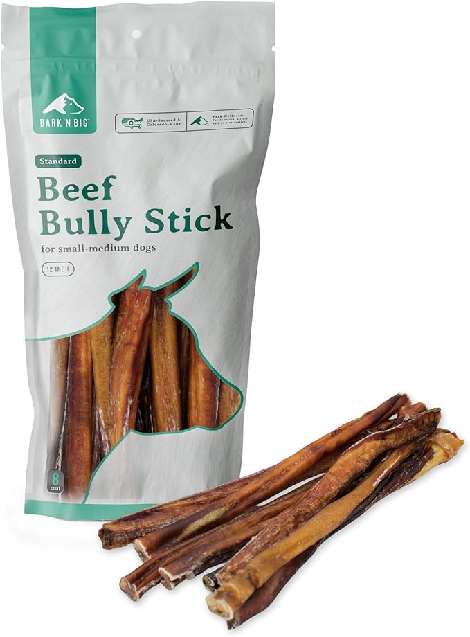 BARK'N BIG 12 Inch Odor Free Bully Sticks for Dogs Made in USA - Single Ingredient Dog Chew - Premium Pizzle Sticks - Beef Pizzles for Large Breeds - 8 Count