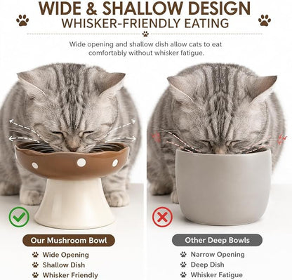 Brown Mushroom Cat Bowl, Elevated Ceramic Bowl for Cats | Cute, Elevated, Ceramic, Whisker Friendly, Dishwasher Safe