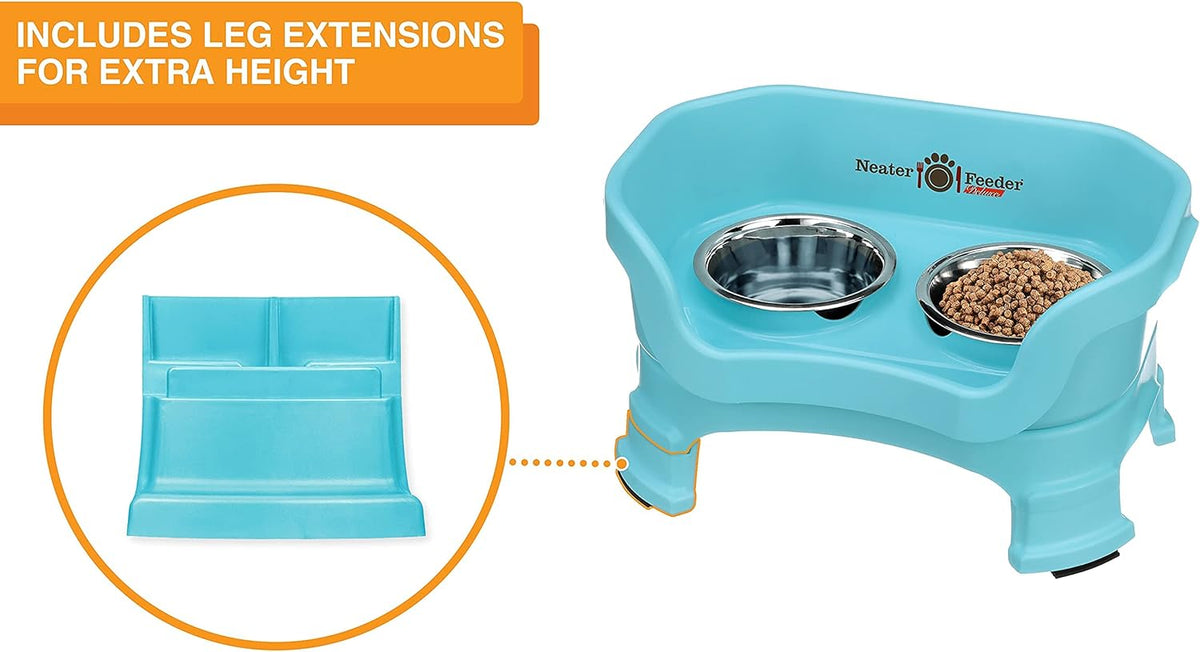 Neater Feeder Deluxe Mess Proof Dog Bowls Elevated for Small Breeds – Made in USA – No Spill Raised Dog Food Bowl Stand w/Leg Extensions – Stainless Steel Dog Food and Water Bowl Set – Teal