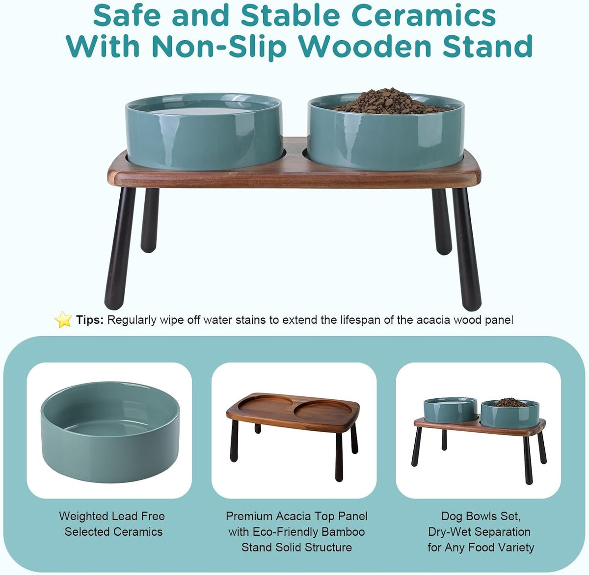 SPUNKYJUNKY Ceramic Elevated Dog Bowls Raised with Acacia Bamboo Wooden Stand, 8.3'' Dog Food Water Bowls Set Non-Slip for Medium Large Sized Breed Microwave Dishwasher Safe - 60 OZ,Dark Green