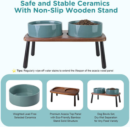 SPUNKYJUNKY Ceramic Elevated Dog Bowls Raised with Acacia Bamboo Wooden Stand, 8.3'' Dog Food Water Bowls Set Non-Slip for Medium Large Sized Breed Microwave Dishwasher Safe - 60 OZ,Dark Green