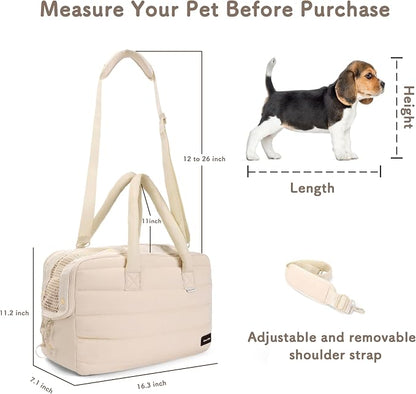 Dog Purse Carrier for Small Dog Cat Rabbit up to 13 lbs, Lightweight Portable Soft Sided Pet Purses, Quilted Puffy Tote Puppy Carrier with Large Pockets for Hiking, Travel, Vet Beige