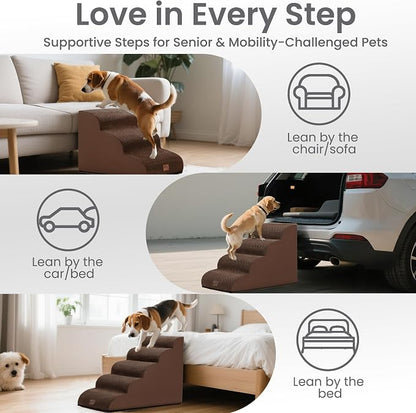 GoGoBunny Ramp Dog Stairs for High Beds 24.4" H, 5-Step Extra Wide Dog Slope Stairs with Durable Waterproof Fabric Cover, Pet Steps for Old Large Dogs Climbing, Non-Slip Sturdy Indoor Step, Brown