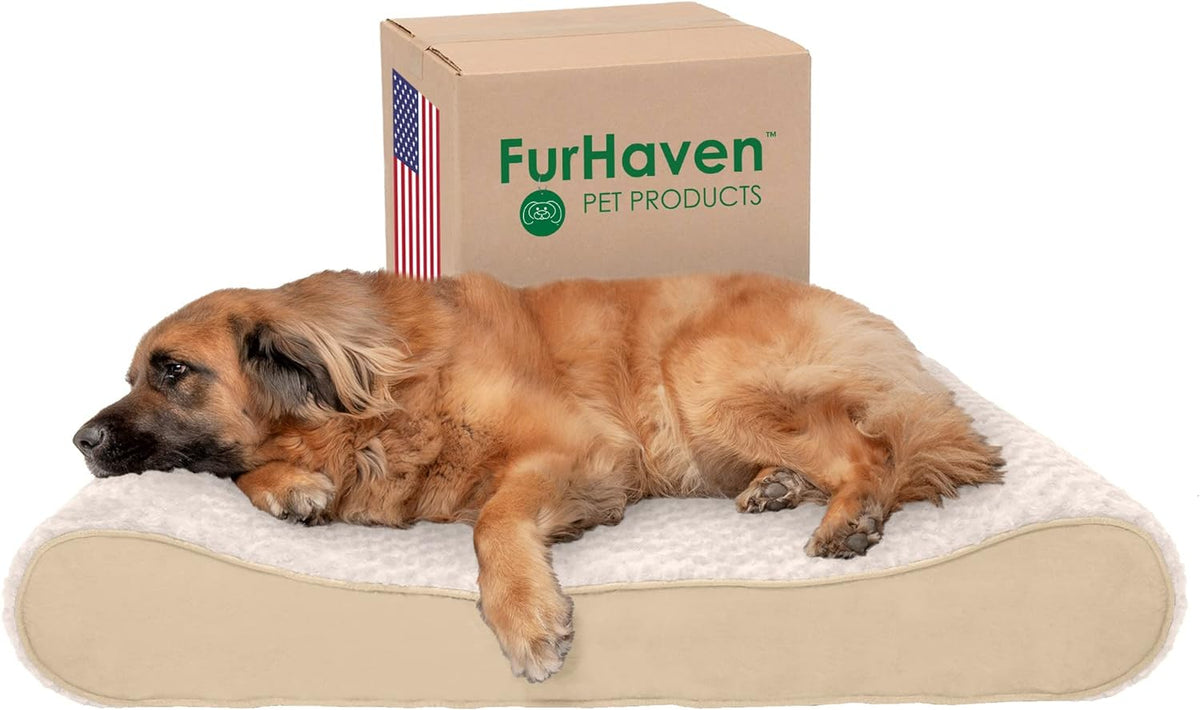 Furhaven Orthopedic Dog Bed for Large Dogs w/ Removable Washable Cover, For Dogs Up to 150 lbs - Ultra Plush Faux Fur & Suede Luxe Lounger Contour Mattress - Cream, Jumbo Plus/XXL