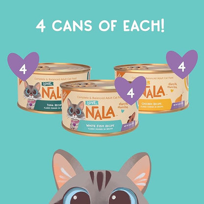 LOVE, NALA - Single Protein Flaked Wet Cat Food Variety Pack - Chicken, Tuna & White Fish - Natural, Hydration Broth, Grain-Free, Human-Grade Protein, Non-GMO, No Gums, No Carrageenan-2.8 oz,12 Cans
