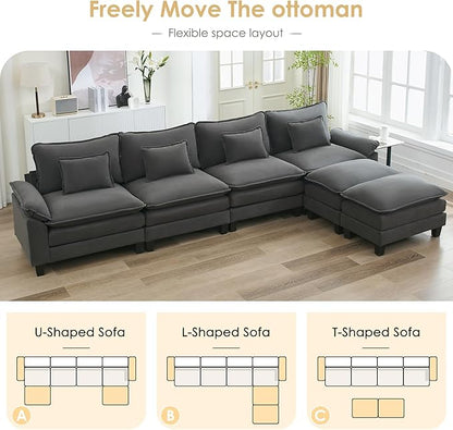 URRED Cloud Couch Modular Sectional Sofa, 157" Modern U Shaped Deep Seat Sofa with 2 Ottomans & Pillows, Ultra Comfy VelvetCouches for Living Room, Bedroom or Apartment, Dark Gray
