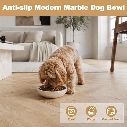 Karibiber Natural Marble Cat Bowl, Weighted 1.5lb Cat Food Bowl for Cat and Small Dog, Small Animal Pet Food Dish Non-Slip, Shallow Dish for Whisker Fatigue Relief, Premium Beige Stone for Home Decor