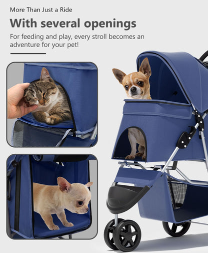 Pet Stroller with 3 Wheels for Small/Medium Pets, Portable Travel Foldable Carrier Jogger for Dog Cat Puppy Kitty, Rear Wheel Breaks, Storage Basket, Visible Mesh Weather Cover (Navy Blue)