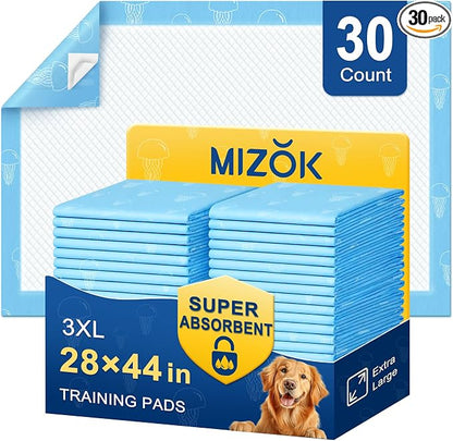 MIZOK XXL Pee Pads for Dogs Super Absorbent Extra Heavy Duty 28x44in 30Ct | Extra Long 28x44in Blue Dog Pads with Jellyfish Prints Feature Adhesive Tabs to Protect Floors for Long Bodied Dogs