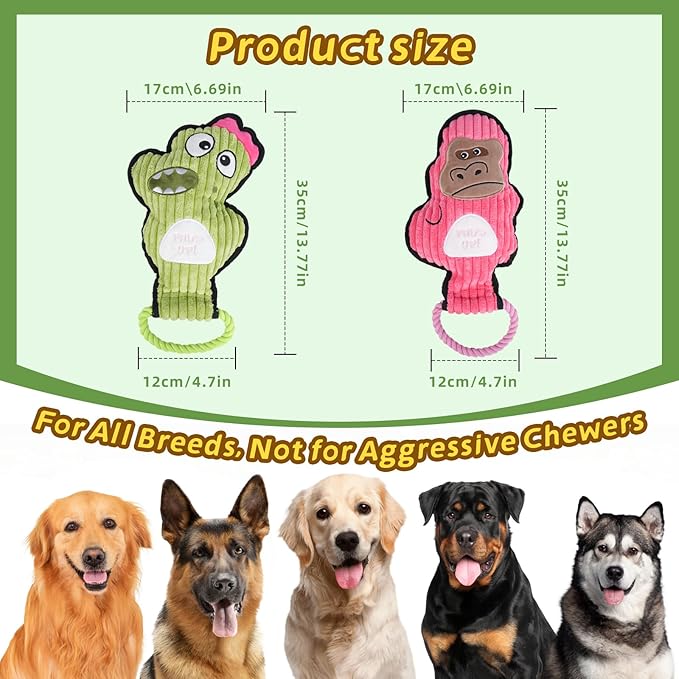 2-Pack Squeaky Dog Toys & Tough Tug of War Set - No Stuffing Chew-Resistant Plush Toys to Keep Them Busy, Best Birthday Gift for Small/Medium/Large Breeds (Dino & Gorilla)