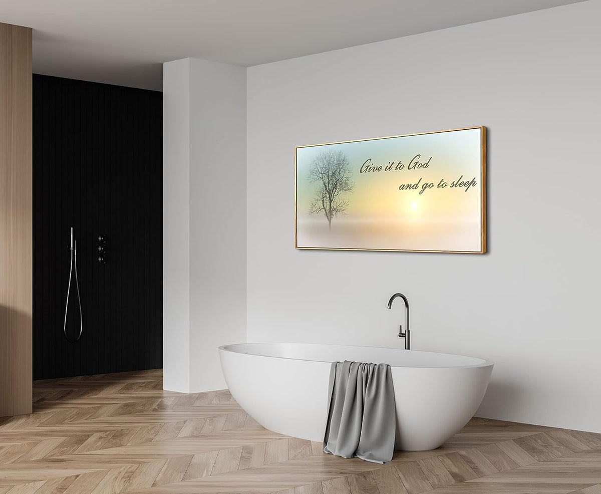 Lasdel Natural Extra Framed Canvas Wall Art of Misty Sunset & Tree Plant Picture For Bedroom Home Above Bed,White Country Wood Sign For Bathroom,Give It To God & Go to Sleep Artwork Decor,30x60