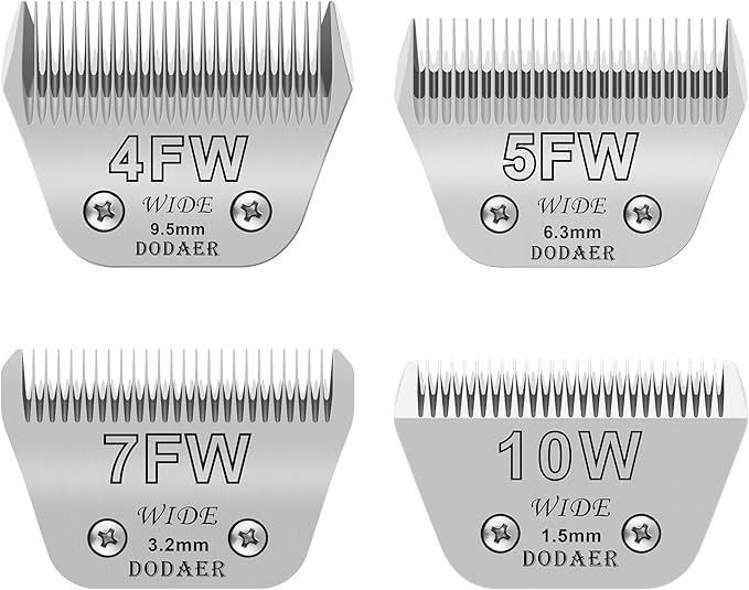 4 Pack Detachable Pet Dog Grooming Blades-Size 10W+7FW+5FW+4FW Dog Grooming Wide Blade,Cutting Length 1/16 in -3/8 in（1.5mm-9.5mm）,Compatible with Most Andis,Oster A5,Wahl km10 Clippers