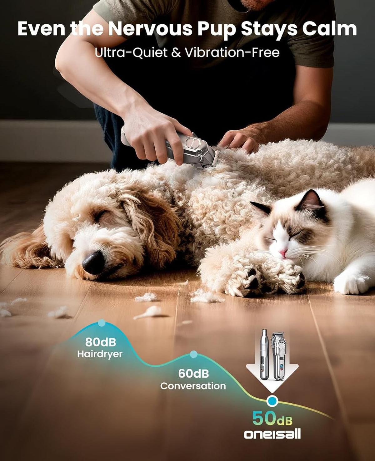 oneisall Dog Clippers for Grooming Thick/Heavy Coats, 4-in-1 Dog Grooming Kit Low Noise with Stainless Steel Blade, Cordless Dogs Paw Trimmer Pet Nail Grinder for Small & Large Dogs Cats Animals