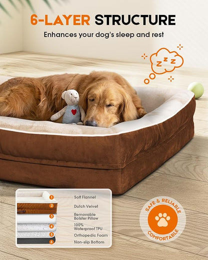 Upvilla Orthopedic Dog Bed XXL, Four-Sided Dog Sofa, Washable Cover, Brown | Removable Waterproof Dog Bed Cover, Egg-Crate Orthopedic Foam, Built-In Carry Handle, Indoor Large Pet Beds, Cat Beds